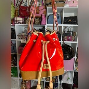 ‼️SPRING SALE Dooney & Bourke Glossy Red Patent Leather Drawstring Bucket Bag